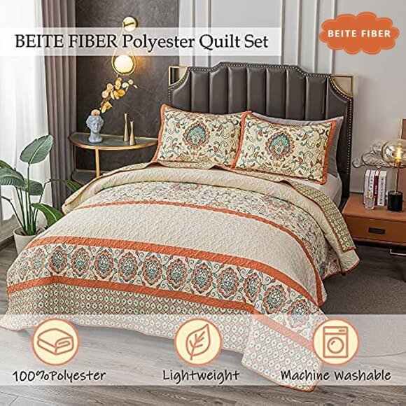 Bohemian Queen Size Quilt Comforter Sets 3 Pieces Quilts 1 Quilt, 2 Pillow Shams - Picture 3 of 5